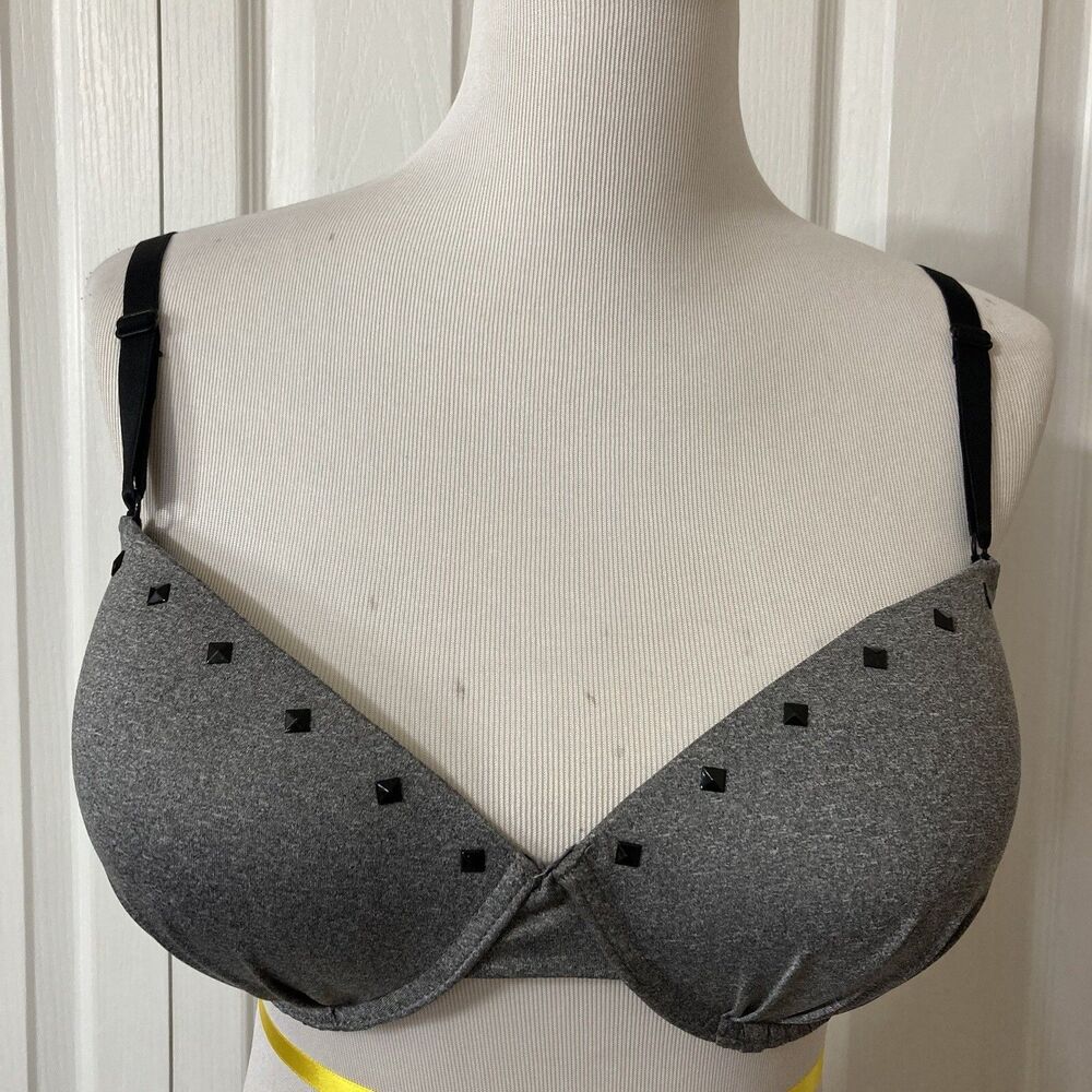 Fruit of the Loom Push UP Bra Gray with Black Diamond Studs Sz 38D Gothic Molded